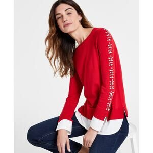 Jones New York Women's Embellished-Sleeve Shirttail Top Red Size M 1650